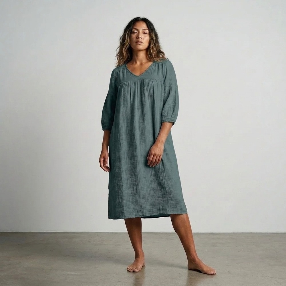 NWT FILOSOFIA Womens Gauze Dress L Slate Blue Gray Cotton Lagenlook Boho